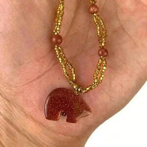 Bear Goldstone Pendant Necklace 16" Gold Seed Beads